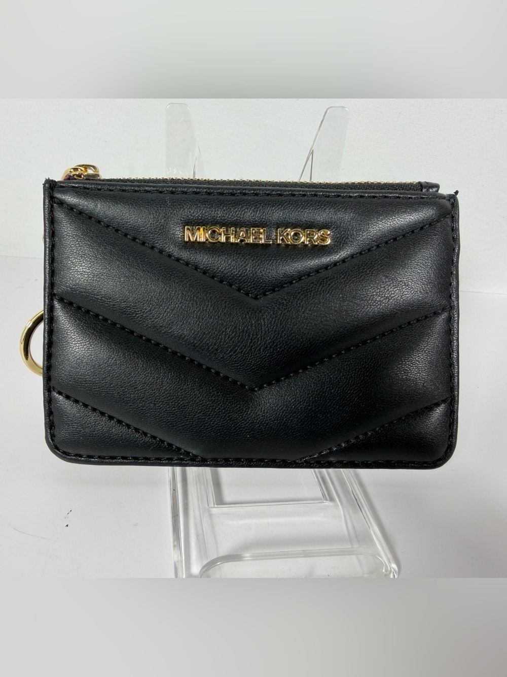 2163: Michael Kors Jet Set Quilted Leather Card Case Keychain Black Gold